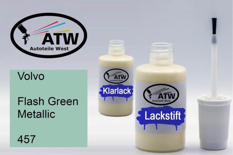 Volvo, Flash Green Metallic, 457: 20ml Lackstift + 20ml Klarlack - Set, von ATW Autoteile West.